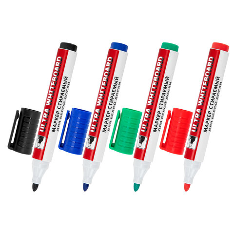 Маркеры стираемые для белой доски, НАБОР 4 ЦВЕТА, BRAUBERG "ULTRA WHITEBOARD MARKER", 3 мм, 152635 - фото 3