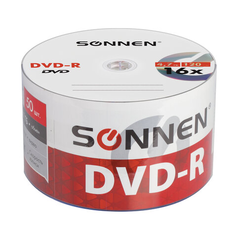Диски DVD-R SONNEN 4,7 Gb 16x Bulk (термоусадка без шпиля), КОМПЛЕКТ 50 шт., 512574 - фото 1