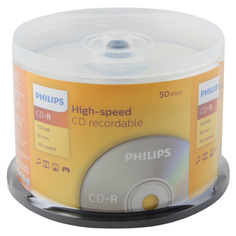 Диски CD-R PHILIPS, 700 Мб, 52x, Cake Box (упаковка на шпиле), КОМПЛЕКТ 50 шт., CR7D5SB50/97 - фото 1
