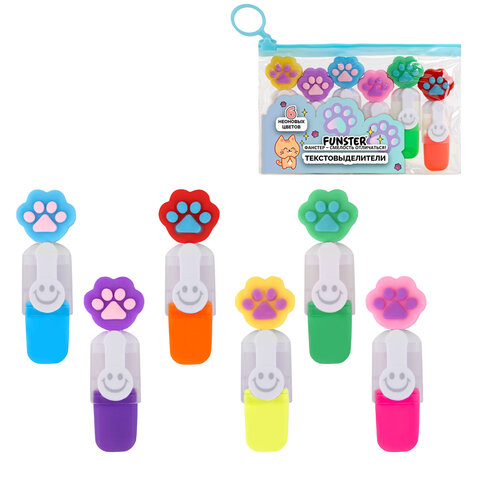 Набор текстовыделителей с топперами 6 ЦВЕТОВ НЕОН, "ЛАПКИ", линия 1-4 мм, FUNSTER (ФАНСТЕР), 152645 - фото 1