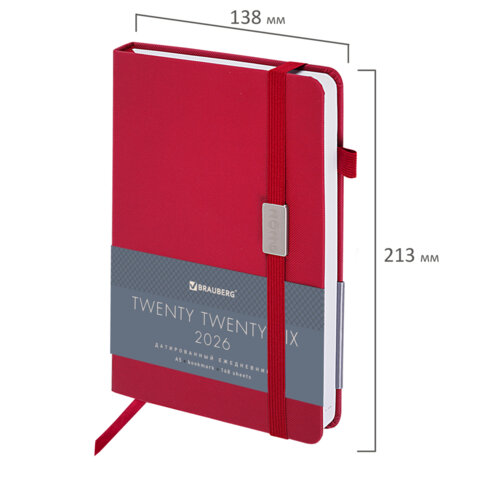 Ежедневник датированный 2026, А5, 138x213 мм, BRAUBERG "Control", под кожу, держатель для ручки, красный, 117124 - фото 2