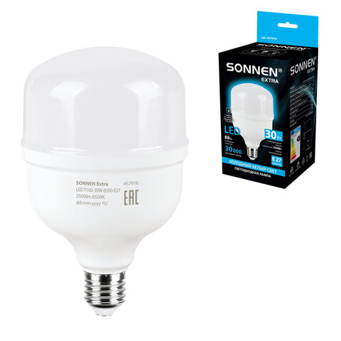 Лампа светодиодная SONNEN EXTRA, 30 (250) Вт, Е27, цилиндр, холодный белый, 30000 ч, LED Т100-30W-6500-Е27, 457916 - фото 1
