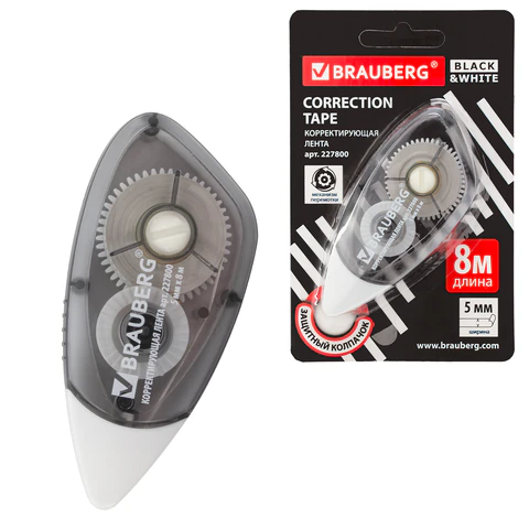 Корректирующая лента BRAUBERG BLACK&WHITE, 5 мм х 8 м, корпус черный тонированный, механизм перемотки, блистер, 227800 - фото 1