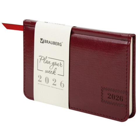 Еженедельник датированный 2026, МАЛЫЙ ФОРМАТ 95х155 мм, А6, BRAUBERG "Imperial", под кожу, бордо, 117188 - фото 1