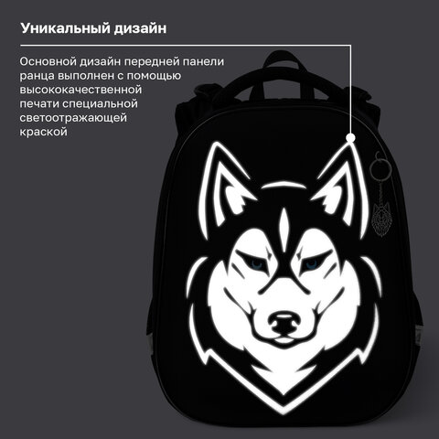 Ранец BRAUBERG SHINY, 2 отделения, с брелоком, "Хаски", СВЕТЯЩИЙСЯ РИСУНОК, 38х28х14 см, 271383 - фото 12