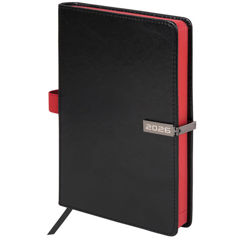 Ежедневник датированный 2026 А5 138x213 мм, BRAUBERG "Inspiration", под кожу, цветной срез, черный, 117473 - фото 1