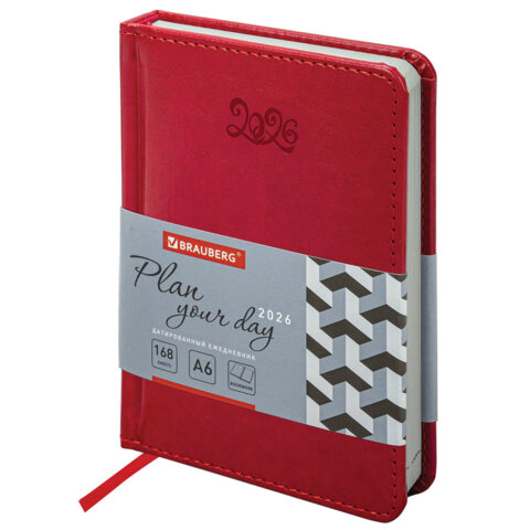 Ежедневник датированный 2026, МАЛЫЙ ФОРМАТ 100х150 мм, А6, BRAUBERG "Rainbow", под кожу, красный, 117256 - фото 1