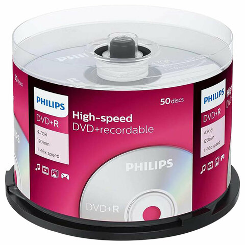 Диски DVD+R (плюс) PHILIPS, 4,7 Гб, 16x, Cake Box (упаковка на шпиле), КОМПЛЕКТ 50 шт., DR4S6B50F/97 - фото 1