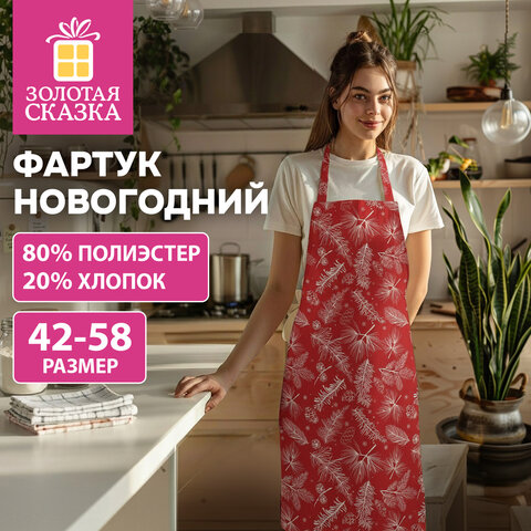 Фартук новогодний (1 шт.), 70х80 см, с изображением ЕЛОВЫХ ВЕТОЧЕК, полиэстер, хлопок, ЗОЛОТАЯ СКАЗКА, 592796 - фото 4