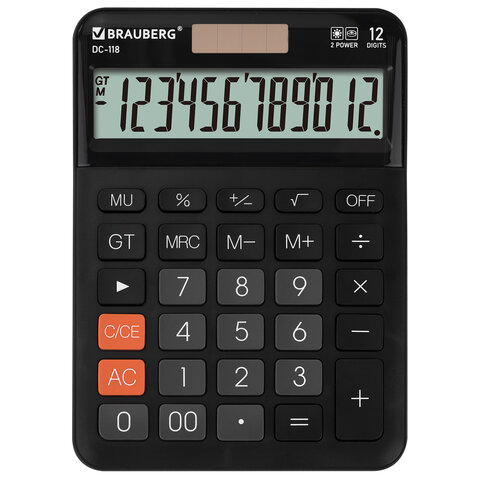 Калькулятор настольный BRAUBERG DC-118-BK (175х126 мм), 12 разрядов, двойное питание, черный, 272962 - фото 1