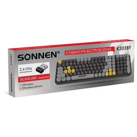 Клавиатура беспроводная USB, 105 клавиш, SONNEN K303BY, черная / серая / желтая, 513952 - фото 9