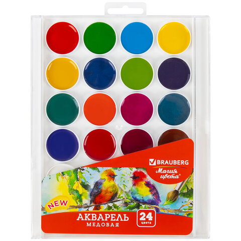 Краски акварельные BRAUBERG "МАГИЯ ЦВЕТА NEW", медовые, 24 цвета, круглые кюветы, пластиковый пенал, 192365 - фото 1