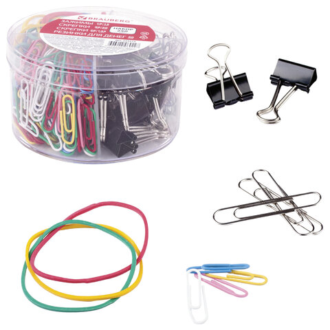 Набор BRAUBERG, зажимы 19 мм/15 шт., скрепки 28 мм/145 шт. и 50 мм/50 шт., резинки 40 шт., 223515 - фото 1