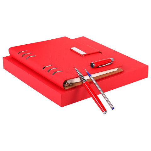 Ежедневник на кольцах в наборе с ручкой А5, 165x229 мм, BRAUBERG "Lux", под кожу, 100 листов, красный, 116857 - фото 6