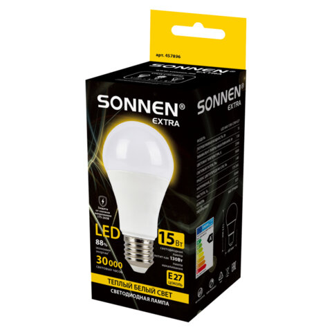 Лампа светодиодная SONNEN EXTRA, 15 (130) Вт, Е27, груша, теплый белый, 30000 ч, LED A60-15W-2700-Е27, 457896 - фото 3
