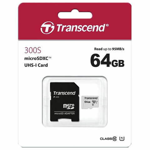 Карта памяти Transcend 300S microSDXC 64Gb UHS-I Cl10 +ад, TS64GUSD300S-A - фото 2