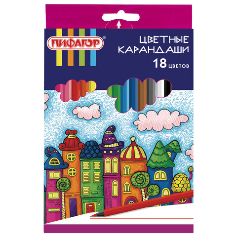 Карандаши цветные ПИФАГОР "СКАЗОЧНЫЙ ГОРОД", 18 цветов, шестигранные, 181584 - фото 1