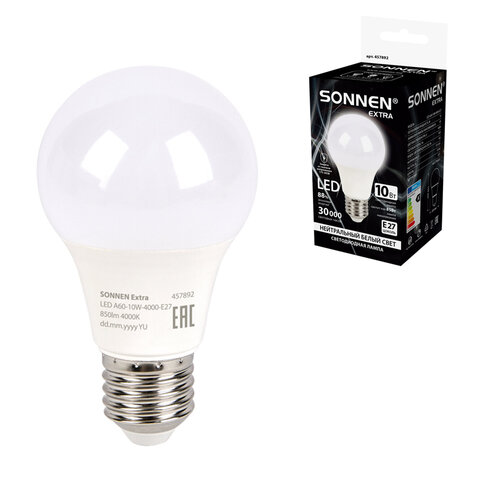 Лампа светодиодная SONNEN EXTRA, 10 (85) Вт, Е27, груша, нейтральный белый, 30000 ч, LED A60-10W-4000-Е27, 457892 - фото 1
