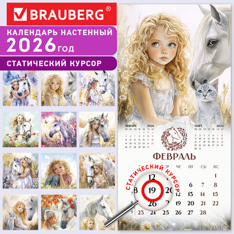 Календарь настенный перекидной 2026 г., BRAUBERG, 12 листов, 28,5х28,5 см, "Лошадка и девочка", 116937 - фото 18