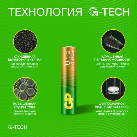 Батарейки КОМПЛЕКТ 2 шт., GP Ultra G-Tech, AAA (LR03, 24А), алкалиновые, мизинчиковые, 24AUA21-2CRSBC2 - фото 7