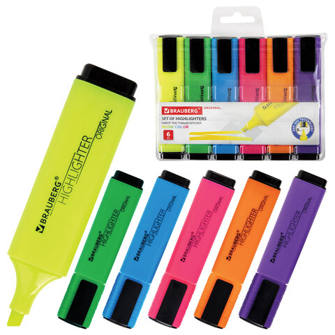 Набор текстовыделителей 6 ЦВЕТОВ, BRAUBERG "ORIGINAL NEON", линия письма 1-5 мм, 152216 - фото 1