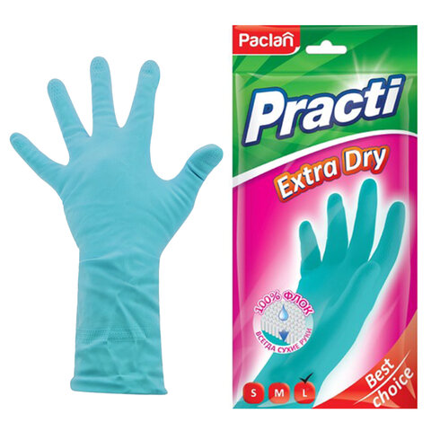 Перчатки МНОГОРАЗОВЫЕ резиновые PACLAN "Extra Dry", хлопчатобумажное напыление, 100% флок, размер 8,5-9, L (большой) синие, вес 54 г, 7350, 407350 - фото 1