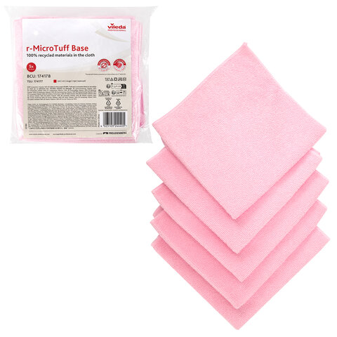 Салфетки VILEDA PROFESSIONAL "МикроТафф Бейс" КОМПЛЕКТ 5 шт., микрофибра, красный, 36х36 см, 174178 - фото 1