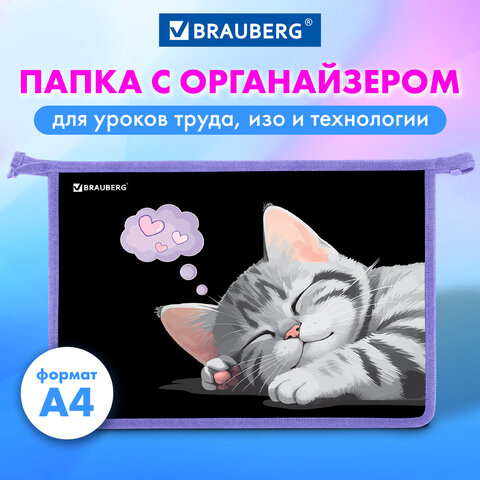 Папка для труда на молнии BRAUBERG А4, 2 отделения, органайзер, "Sleeping kitten", 273401 - фото 6