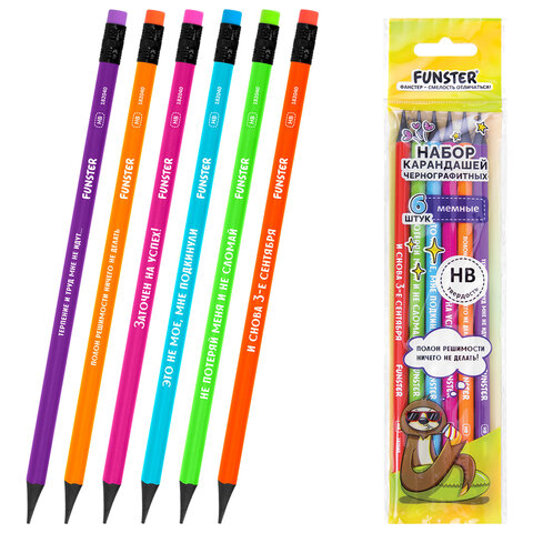 Набор карандашей чернографитных с мемной надписью FUNSTER (ФАНСТЕР) FUNNY NOTES CLRD, 6 штук, HB, с ластиком, 182040 - фото 1