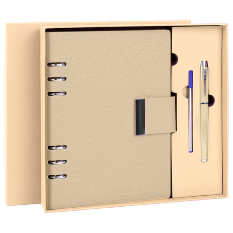 Ежедневник на кольцах в наборе с ручкой А5, 165x229 мм, BRAUBERG "Lux", под кожу, 100 листов, бежевый, 116859 - фото 1