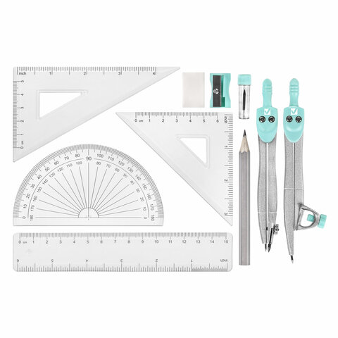 Готовальня BRAUBERG SCHOOL KIT, 11 предметов, циркуль 115 мм, циркуль 125 мм, чертежные принадлежности, мятный цвет, 210706 - фото 2