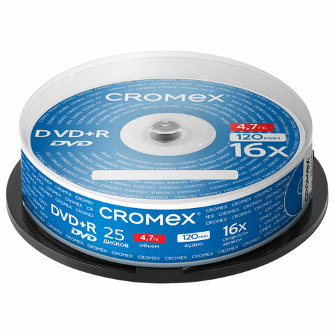 Диски DVD+R (плюс) CROMEX, 4,7 Gb, 16x, Cake Box (упаковка на шпиле), КОМПЛЕКТ 25 шт., 513777 - фото 1