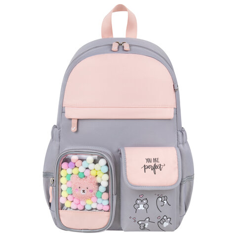 Рюкзак BRAUBERG PASTEL с термонашивками в комплекте, "Sweet paws", серый, 40х29х14 см, 272064 - фото 3