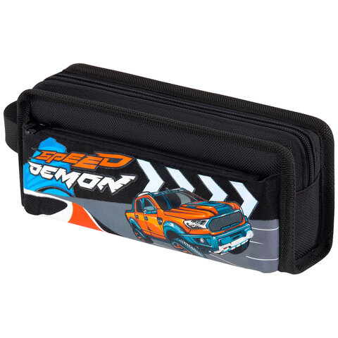 Пенал ЮНЛАНДИЯ ЮНИОР, 2 отделения, с ручкой, полиэстер, "Speed demon", 21х8х6 см, 273817 - фото 1