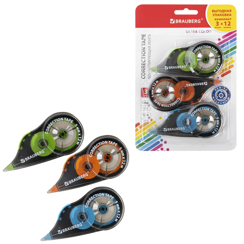 Корректирующая лента BRAUBERG ULTRA COLOR, 5 мм x 12 м, механизм перемотки, ВЫГОДНАЯ УПАКОВКА 3 штуки в блистере, 271253 - фото 1