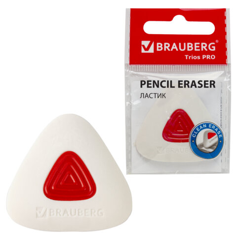 Ластик BRAUBERG "Trios PRO", 36х36х9 мм, белый, треугольный, красный пластиковый держатель, 229559 - фото 1