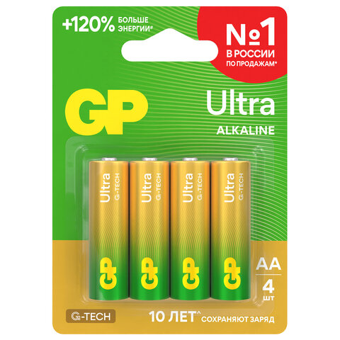 Батарейки КОМПЛЕКТ 4 шт., GP Ultra G-Tech, AA (LR6, 15А), алкалиновые, пальчиковые, 15AUA21-2CRSBC4 - фото 4