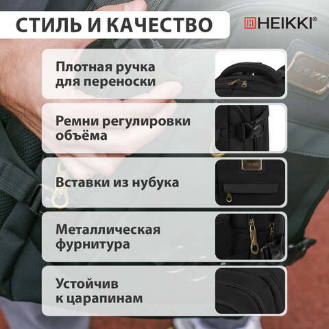Рюкзак HEIKKI DESERTED (ХЕЙКИ) универсальный, 3 отделения, эргономичный, багажная лента, черный, 47х33х17 см, 273878 - фото 18