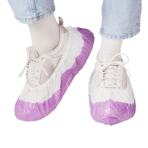 Бахилы двойные, КОМПЛЕКТ 100 шт. (50 пар), ЭКСТРА, 39х14 см, 32 мкм, 3 г, бело-фиолетовые, ELEGREEN, ПНД-8/8/1р-Б-Ф - фото 1