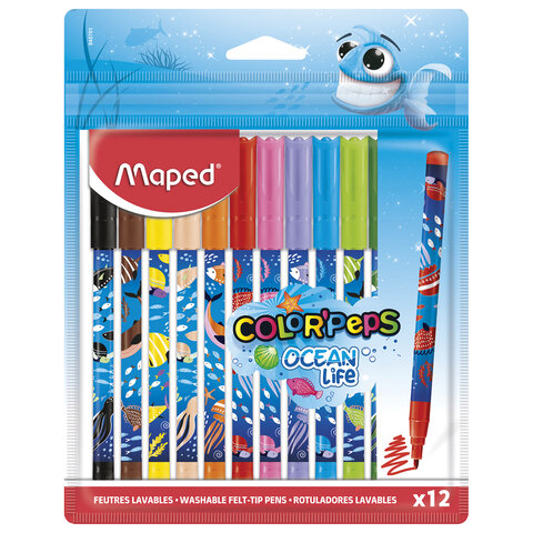 Фломастеры MAPED COLOR'PEPS "Ocean Life", 12 цветов, смываемые, вентилируемый колпачок, 845701 - фото 1
