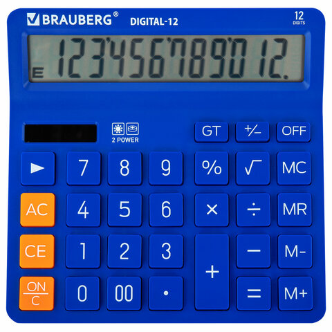Калькулятор настольный BRAUBERG DIGITAL-12-BL (151х152 мм), 12 разрядов, двойное питание, СИНИЙ, 272969 - фото 1