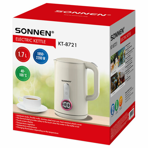 Чайник с терморегулятором и дисплеем, ДВОЙНЫЕ СТЕНКИ, SONNEN KT-8721, 1,7 л, 2200 Вт, бежевый, 454688 - фото 2
