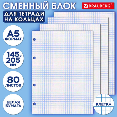 Сменный блок для тетради на кольцах А5, 80 л., BRAUBERG, "Белый", 404612 - фото 4