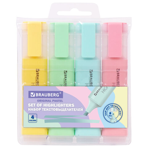 Набор текстовыделителей 4 ЦВЕТА, BRAUBERG "ORIGINAL PASTEL", линия письма 1-5 мм, 151697 - фото 2