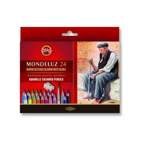 Карандаши цветные акварельные художественные KOH-I-NOOR "Mondeluz", 24 цвета, кисть, точилка, европодвес, 3711/24, 3711024003KZ - фото 1