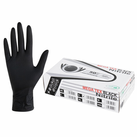 Перчатки нитриловые сверхпрочные с текстурой SFM MEGA TEX BLACK, Германия, 25 пар (50 штук), размер 6-7, S (малый) - фото 1
