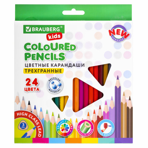 Карандаши цветные BRAUBERG KIDS NEW, 24 цвета, трехгранные, грифель 3 мм, 182002 - фото 1
