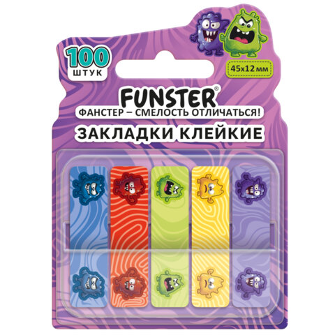 Закладки клейкие Z-сложения FUNSTER (ФАНСТЕР) "Монстрики", 45х12 мм, 100 шт. (5 цветов х 20 листов), в диспенсере, 116701 - фото 1