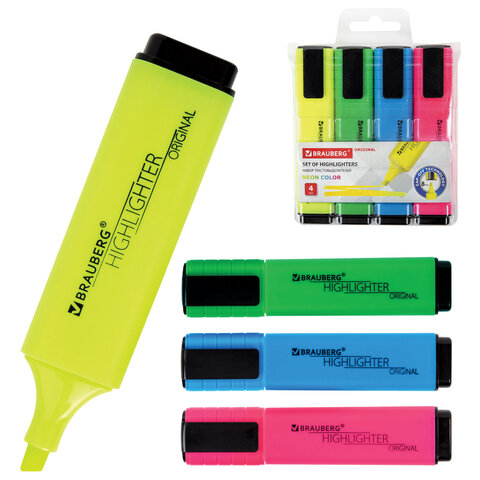 Набор текстовыделителей 4 ЦВЕТА, BRAUBERG "ORIGINAL NEON", линия письма 1-5 мм, 152215 - фото 1