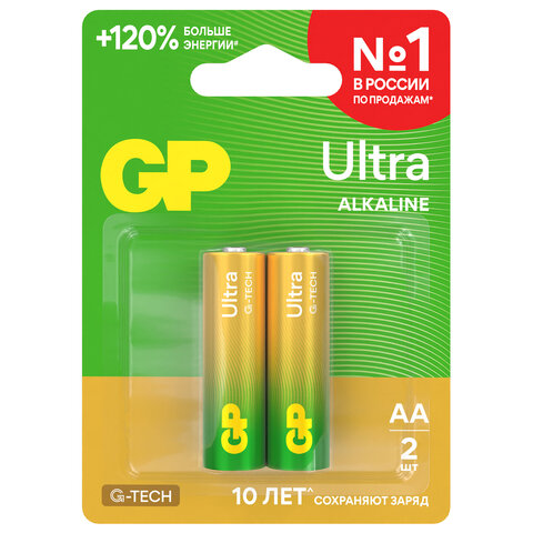 Батарейки КОМПЛЕКТ 2 шт., GP Ultra G-Tech, AA (LR6,15А), алкалиновые, пальчиковые, 15AUA21-2CRSBC2 - фото 4